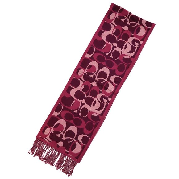 COACH Pink Multi-Color Monogram C Logo Merino Wool Pre-owned Fringed Scarf - Picture 1 of 16